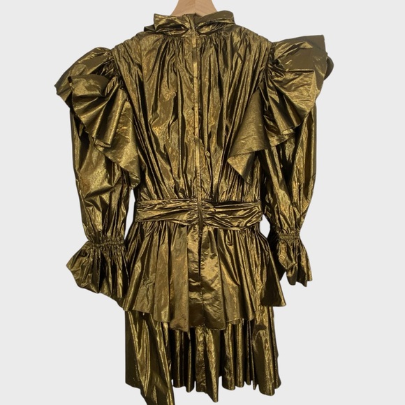 Dolce & Gabbana NWT Gold Bronze Metallic Tie Neck Ruffle Mini Dress Size 38 - Picture 8 of 11